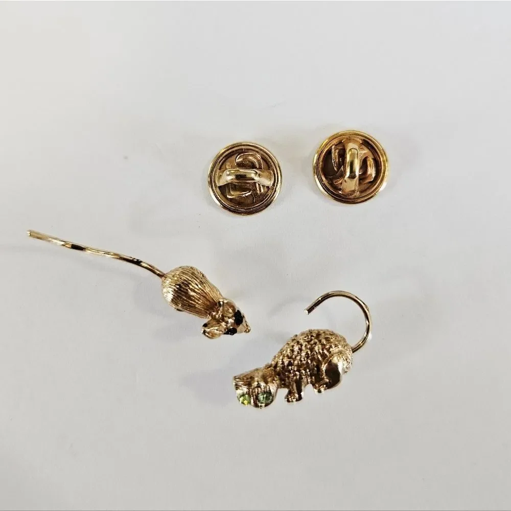 Vintage B.A. Ballou & Co. BAB Reg'd Gold Tone Green Rhinestone Cat Mouse Pin Set